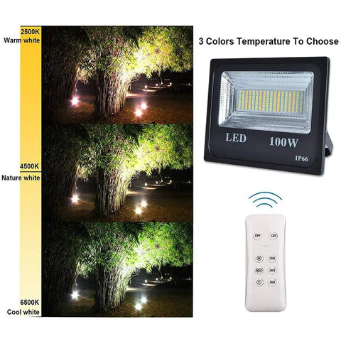 100W Led Solar Flood Lights Outdoor Dusk to Dawn Solar Lights 12000Lm showcasing three color temperatures with remote control.