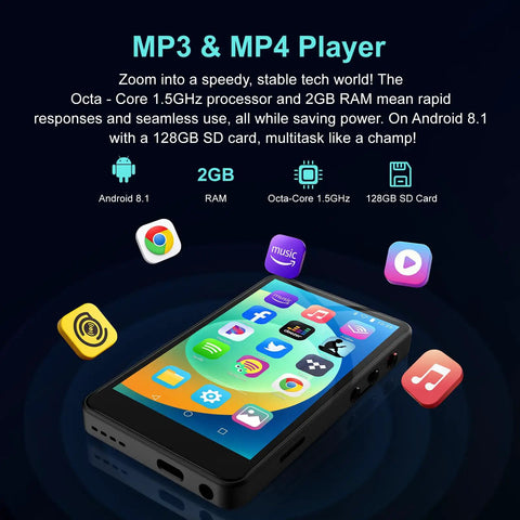 All In One Portable MP3 Player With Bluetooth And Wi Fi 144GB Music Player screen showing app icons and specs