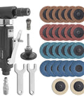 Front view of Gunpla 1/4-inch angle air die grinder kit with 26 two-inch roll-lock sanding discs in assorted colors