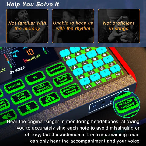 Close-up of G9 Live Sound Card And Streaming Mixer with built-in audio interface, showing control buttons and interface for live streaming.