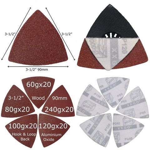 Pro Grade Triangle Oscillating Multitool Sanding Pads Set, 90 mm 3-1/2 Inch, 100 Pcs Assorted Grit 60 80 100 120 240, Aluminum Oxide, Hook and Loop, Fits Triangle Pads For Wood Metal Plaster Polishing and Smoothing