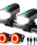 Two Pack 1500LM USB Rechargeable Bike Lights Set Front Headlight And Tail Light Waterproof With 5 Modes Fits Road And Mountain Bikes For Night Rides Everywhere