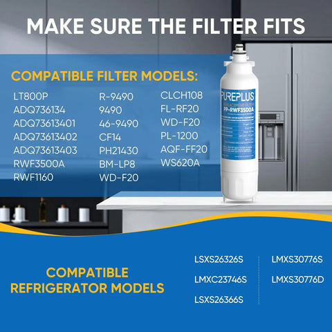 Image of PurePlus water filter compatible with various LG fridge models, showing compatibility list for Three Pack Replacement Water And Air Filter Kit For LG Fridges LT800P LT800PC ADQ73613402 46-9490 Includes Refrigerator Water Filter And LT120F Air Filter With NSF Certification Reduces Chlorine Taste Odor BPA Free.