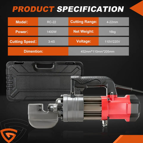 Portable 1400W Hydraulic Electric Rebar Cutter, 7/8 Inch Heavy Duty Steel Bar Nipper For Construction Sites with specification chart.