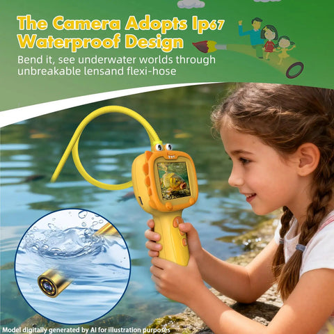 Dope Kids Borescope Camera With Light For Real Time Exploration And 1080P Live Video, A STEM Toy For Ages 3 To 10, The Ultimate Gift For Outdoor Adventures And Nature Discovery, yellow waterproof handheld camera by a pond with flexible tube