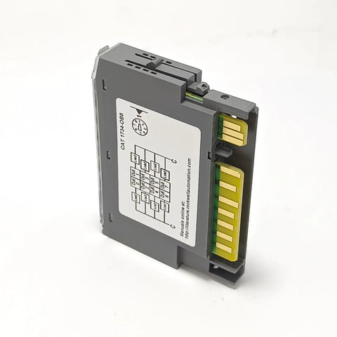 1734 OB8 Point I O 8 Channel Digital Output Module 24V DC side view with yellow connectors for DIN rail mount
