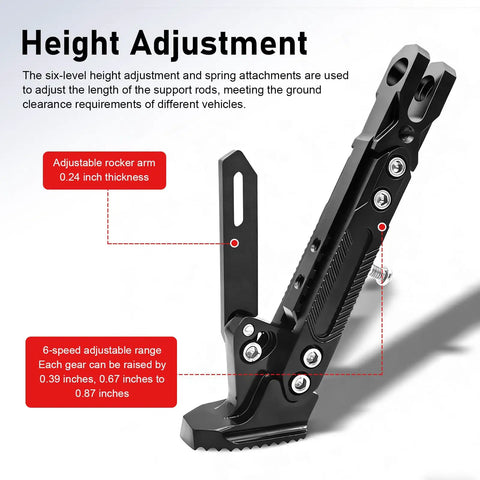 Adjustable Aluminum Triangle Motorcycle Kickstand with height adjustment feature, heavy-duty black aluminum side stand for bikes.