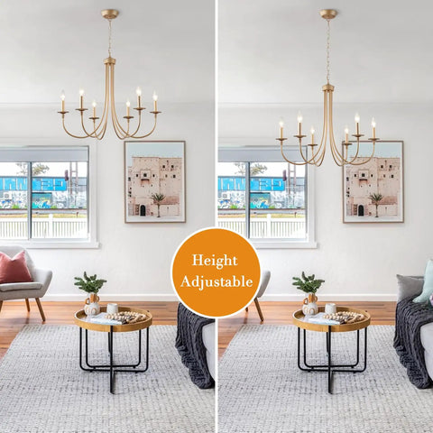 Dope Gold Farmhouse Chandelier With Industrial Style 6 Light Pendant Lighting in modern living room, height adjustable design.