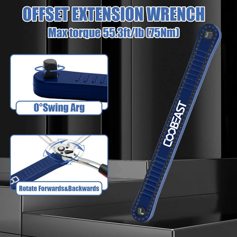 Offset Extension Wrench For Tight Spots Impact Ready Socket Extender with max torque specs and blue design details.