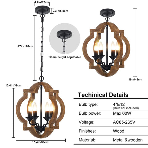 4-Light Farmhouse Wood Chandelier With Adjustable Hanging Chain, Rustic Vintage Pendant Lighting For Living Room Dining Room Kitchen Island Foyer Entryway 15.4 Inch Cozy Rustic Vibe