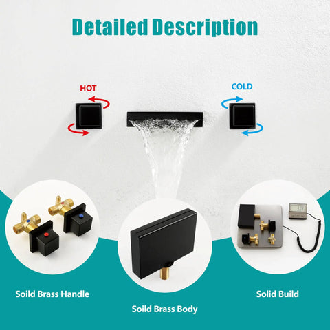 Waterfall Wall Mount Bathroom Faucet With Dope Matte Black Finish Dual Handle Three Hole Sink Faucet Modern Design 8 Inch Center Rough In Valve Included Easy Install showing water flow and components
