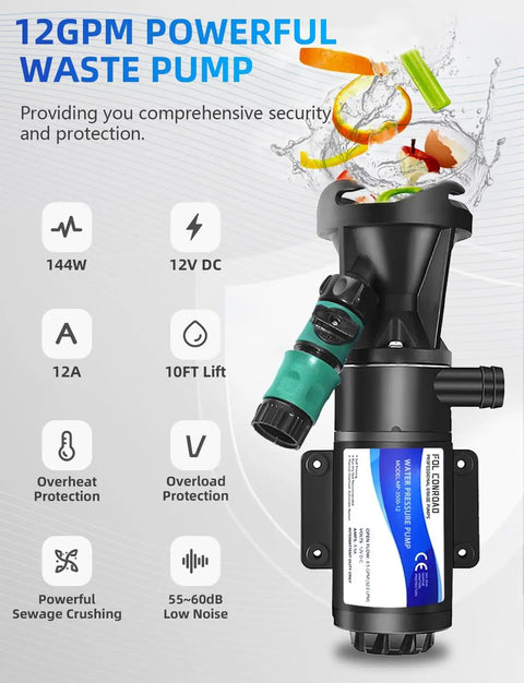 Image of 12V RV Macerator Pump With 3 Inch Large Port, showing 12 GPM flow and 10 ft suction features