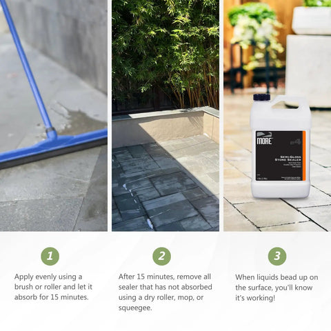 Hella Tough Semi Gloss Stone Sealer For Natural Stone Pavers Tile And Concrete with application steps shown for effective use.
