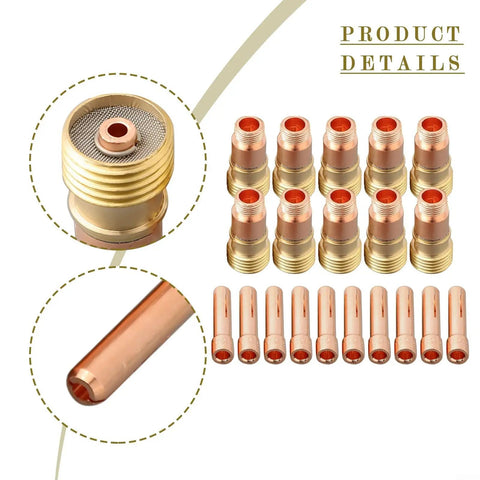 Ultimate 20 Piece Tig Welding Consumables Kit With 3/32 Nozzle And Stubby Gas Lens For Wp-17 18 26 Models showing copper nozzles and gas lenses.