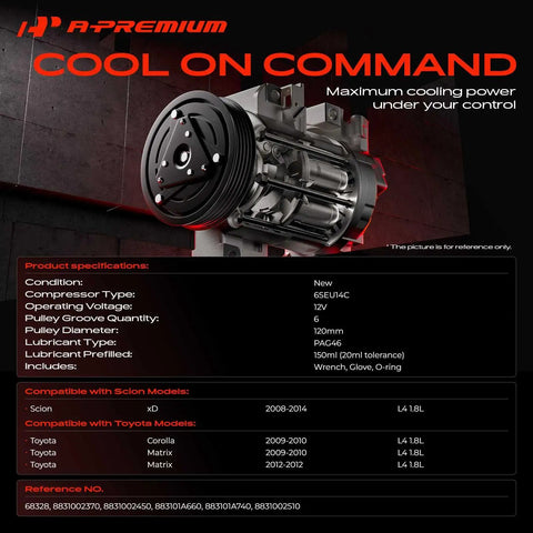 Direct Swap Air Conditioning Compressor With Clutch Assembly For Toyota Corolla And Scion xD showing detailed product specifications and pulley design.