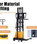 This Semi Electric Pallet Stacker Is A Total Badass For Your Warehouse. With 3300 Lbs Capacity And An Awesome 118 Inch Lift Height, It Handles Heavy Loads Like A Champ. The straddle legs and ergonomic design assist in material lifting.