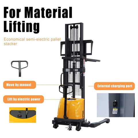This Semi Electric Pallet Stacker Is A Total Badass For Your Warehouse. With 3300 Lbs Capacity And An Awesome 118 Inch Lift Height, It Handles Heavy Loads Like A Champ. The straddle legs and ergonomic design assist in material lifting.