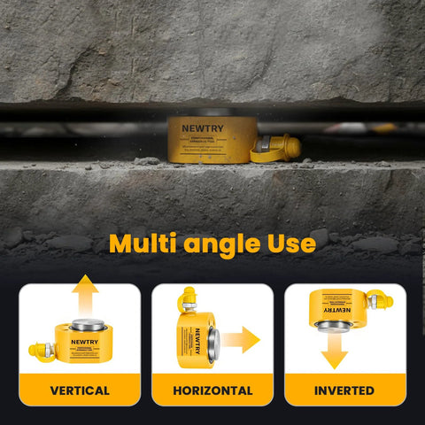Multi-angle use of 20 Ton Low Profile Hydraulic Porta Power Kit With CP180 Pump And Mini Cylinder in vertical, horizontal, inverted positions.