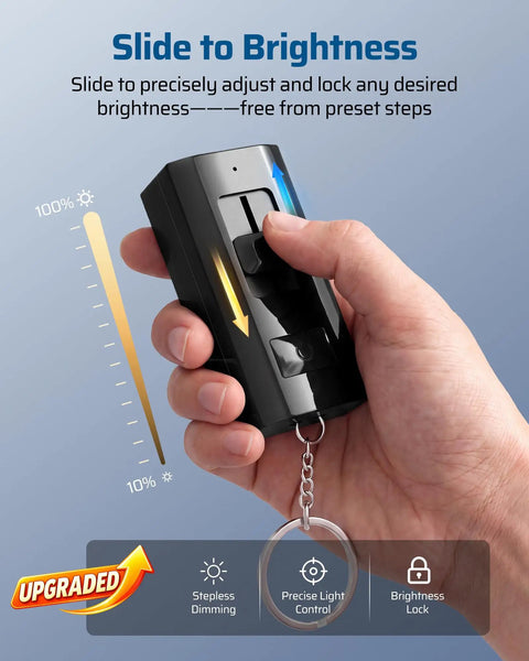 Ultimate Outdoor String Light Dimmer With Hella Smooth Stepless Slider For 10 To 100 Percent Brightness Control held in hand.