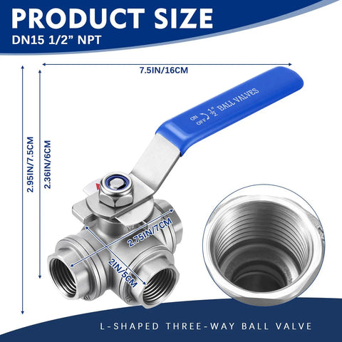 Pack Of Two 1/2 Inch Npt 3-Way L-Port Ball Valve Female Threaded 304 Stainless Steel with blue handle and size details.