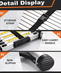 Close-up of 10.5 Ft Telescoping Aluminum Ladder With Dual Triangle Stabilizers, detailing storage strap, handle, non-slip pad.