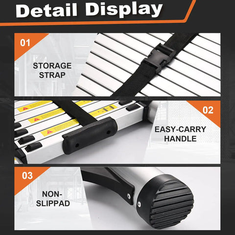 Close-up of 10.5 Ft Telescoping Aluminum Ladder With Dual Triangle Stabilizers, detailing storage strap, handle, non-slip pad.