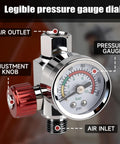 Close-up of G1 Quarter Inch Air Pressure Regulator Kit with Gauge 0 to 140 PSI showing adjustment knob and pressure gauge.