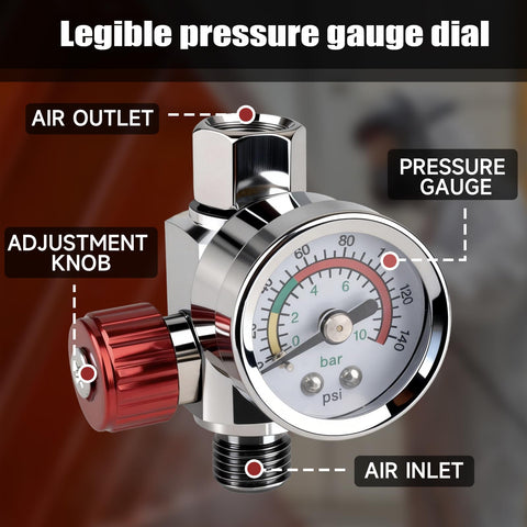 Close-up of G1 Quarter Inch Air Pressure Regulator Kit with Gauge 0 to 140 PSI showing adjustment knob and pressure gauge.