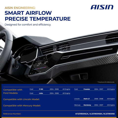 Dashboard view showcasing compatibility of Main HVAC Heater Blend Door Actuator For Ford F 150 Lobo 2004 2008 with AISIN engineering details.