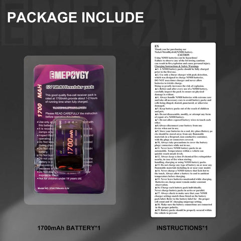 Beefy 6V 1700mAh NiMH RC Receiver Battery Pack Hump Style With BBL2 Connector packaging and instruction manual included.