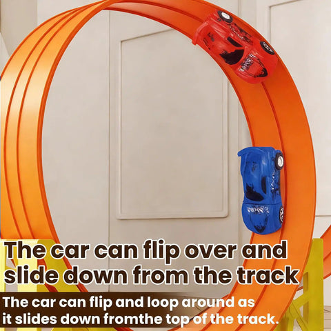 Totally Flexible 15 Foot Race Track Set for Kids 3 Plus bendable car loop with red and blue diecast cars in action.