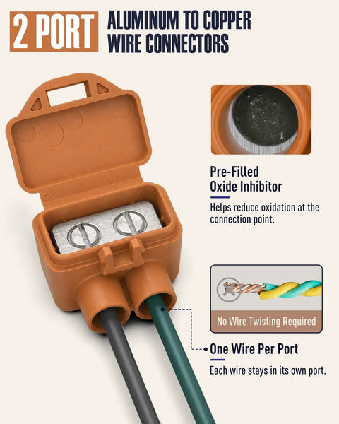 Heavy Duty Two Port Wire Connectors Aluminum And Copper Screw Terminal Pre Filled With Oxide Inhibitor showing two ports and wire connections.