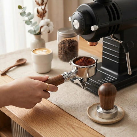 Hand using 54mm Espresso Portafilter With Two Cup Spouts And Walnut Handle For Breville And Sage Barista Machines Fits Barista Express Pro Touch Bambino Series Stainless Steel Basket with coffee machine