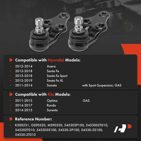 Beefy Forged Steel Front Lower Ball Joint for Hyundai and Kia, Fits Azera 2012 2014, Santa Fe 2013 2018, Santa Fe Sport 2013 2018, Santa Fe XL 2013 2019, Sonata 2011 2014, Optima 2011 2015, Rondo 2014 2017, Sorento 2014 2015, two black steel joints