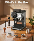 Image showing All In One Espresso Machine With Grinder And Milk Frother, 20 Bar Pump, Cold Brew, 30 Grind Settings, 60oz Removable Tank, Home Barista Kit For Lattes And Cappuccinos, Easy Brew For Coffee Lovers with accessories including portafilter, milk jug, tamper, and filters.