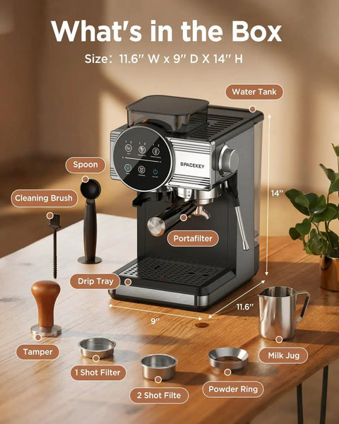 Image showing All In One Espresso Machine With Grinder And Milk Frother, 20 Bar Pump, Cold Brew, 30 Grind Settings, 60oz Removable Tank, Home Barista Kit For Lattes And Cappuccinos, Easy Brew For Coffee Lovers with accessories including portafilter, milk jug, tamper, and filters.