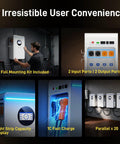 Top Shelf 48V 6000W Hybrid Solar Inverter Paired With 100Ah LiFePO4 Wall Mount Battery Kit displaying features like ports and display.