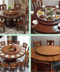36 Inch Rotating Lazy Susan Serving Tray on wooden dining tables with food, showcasing its solid wood and sturdy, non-slip base.