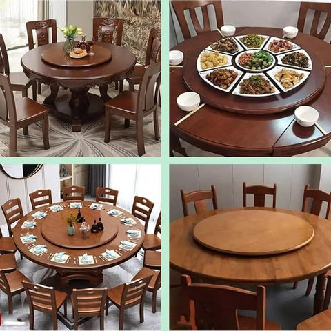 36 Inch Rotating Lazy Susan Serving Tray on wooden dining tables with food, showcasing its solid wood and sturdy, non-slip base.