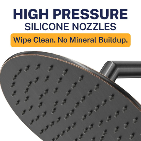 Solid Metal 8 Inch Rainfall Shower Head With High Flow Pressure Boost Oil Rubbed Bronze Finish Two Point Five GPM Built To Last Heavy Duty Commercial Grade Durability For A Spa Like Shower Experience showing silicone nozzles
