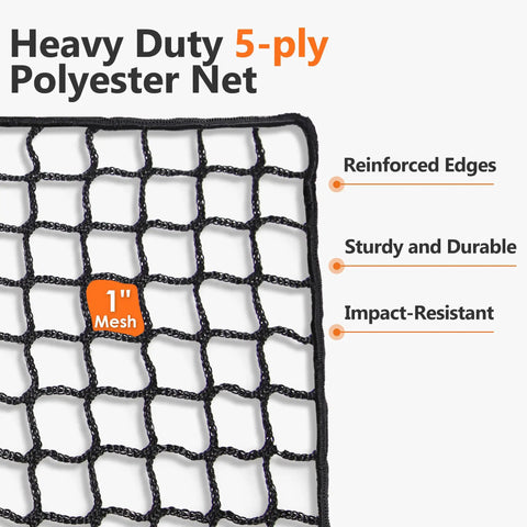 Close-up of backyard batting cage netting with 1-inch mesh, heavy-duty polyester, reinforced edges, and durability features.
