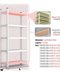 Hella Sturdy Five Tier Floor Standing Storage Rack Heavy Duty Multi Purpose Organizer Shelf with five adjustable layers and cold rolled steel.