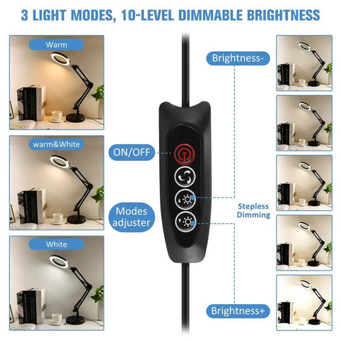Control panel of 2 In 1 Magnifying Glass With Light And Stand, 5X Real Glass Lens, 64 LED, 960 Lumens with dimmable brightness options.