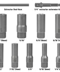 11 Piece Spiral Deep Bolt Extractor Set For Stripped Lug Nuts And Rounded Off Bolts, Pro Grade Heavy Duty Remover Kit showcasing sizes.
