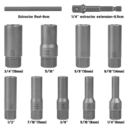 11 Piece Spiral Deep Bolt Extractor Set For Stripped Lug Nuts And Rounded Off Bolts, Pro Grade Heavy Duty Remover Kit showcasing sizes.