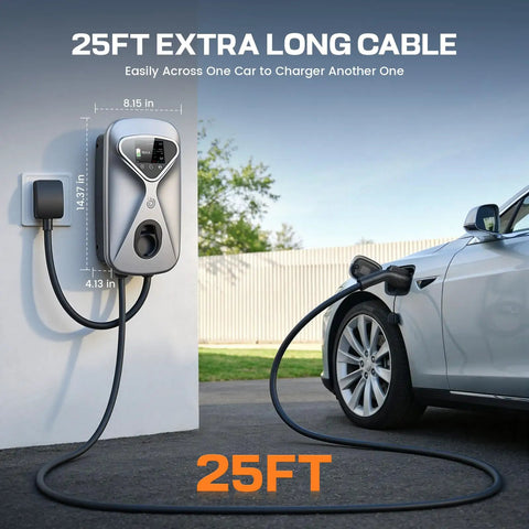 Level 2 EV Charger 50 Amp Hardwired With 48 Miles Per Hour Wicked Fast Charging, WiFi App Control, 25 Foot Cable shown charging car