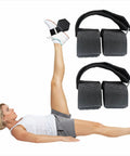 Weighted Dumbbell Ankle Strap For Leg Workouts Two Pack With Adjustable Hook And Loop Fasteners in use during leg raise exercise.