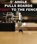 Stainless Steel Table Saw Stock Guides And Anti Kickback Rollers showing 5° angle roller pressing boards tight against the fence.