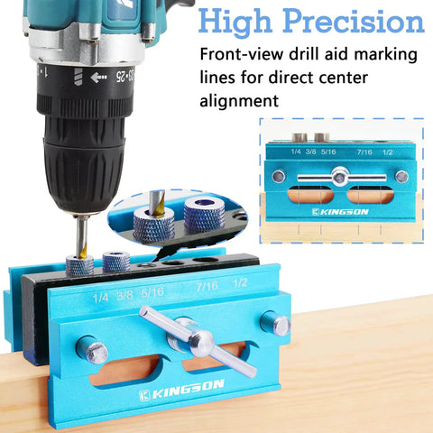 Self Centering Dowel Jig For Woodworking And DIY Projects With Precision Drill Guide and step drill bushings in use