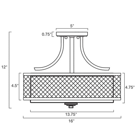 Diagram of Linx 16 Inch 3 Light Semi Flush Mount Ceiling Light Fixture With Outer Mesh Shade And White Fabric Inner Shade